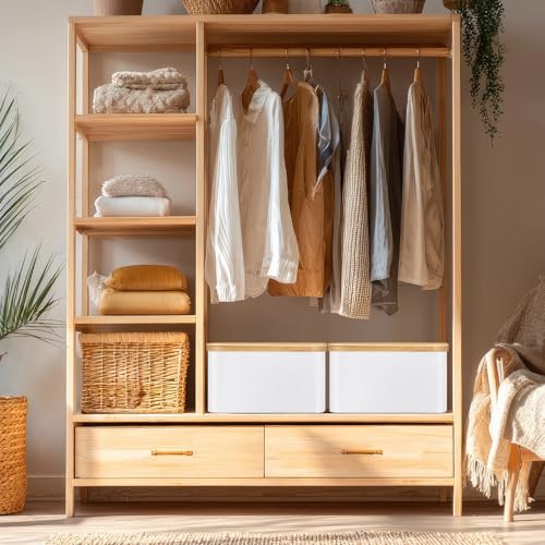 Novabright 2 Pcs Collapsible Storage Basket with Bamboo Lids 15" x 10" Foldable Fabric Storage Bins with Handles for Organizing Shelves Closet Laundry Room Bathroom Clothes Towel(White) - color: White