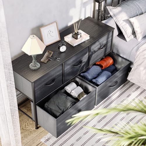 YITAHOME Dresser with 5 Drawers - Fabric Storage Tower, Organizer Unit for Bedroom, Living Room, Closets - Sturdy Steel Frame, Wooden Top - color: Cool Black Wood Grain, style: 5-Drawer