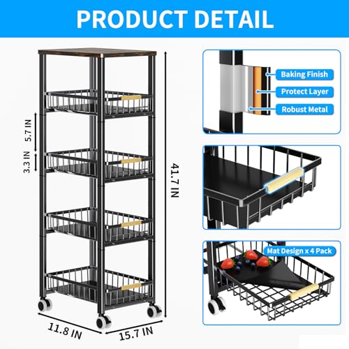Fruit Vegetable Storage Basket for Kitchen, 5 Tier Large Pull-Out Metal Wire Baskets with 4 Pack Mats Bottom, Wood Top and Wheels, Vegetable Produce Bins Stand Cart Rack for Onions and Potatoes - color: 5 Tier-black With Four Mats and Wood Top