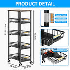 Fruit Vegetable Storage Basket for Kitchen, 5 Tier Large Pull-Out Metal Wire Baskets with 4 Pack Mats Bottom, Wood Top and Wheels, Vegetable Produce Bins Stand Cart Rack for Onions and Potatoes - color: 5 Tier-black With Four Mats and Wood Top