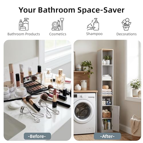 Casaphoria Space-Saving 72" Tall Narrow Bathroom Storage Cabinet, 6-Tier Slim Storage Cabinet with Adjustable Shelves, Anti-Tip Freestanding Display Shelf for Small Spaces, Apartments,White - size: 9.44"L×11.8"W×72.04"H