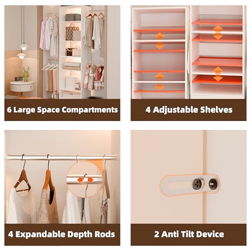 Closet System, Closet Organizer System With Adjustable Shelves, Walk-In Closet Storage System With 5 Hanging Rods, Adjustable Cloth Garment Rack, Fits Spaces 3 to 5FT, White - color: ‎6 shelve, size: 1 PC