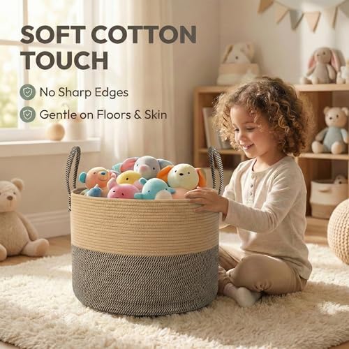 JMvicyroam 65L Extra Large Blanket Basket for Living Room - Woven Cotton Rope Laundry Hamper with Reinforced Handles - Storage Bin for Pillows, Comforters & Toys - Machine Washable,Jute&Black - color: Jute&Black, size: 65L