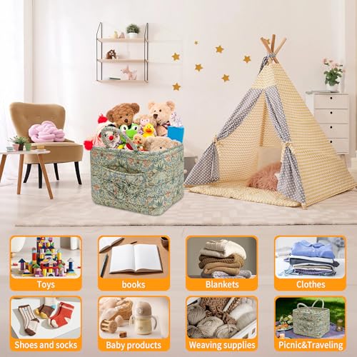 Quilted Fabric Storage Baskets with Handles, Boho Floral Gift Basket Foldable Organizer Bin for Home Decor, Picnic, Travel 12''x10''x10'' (Light Green) - color: Light Green