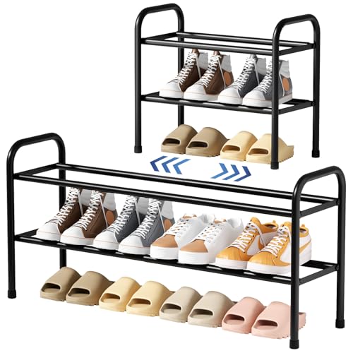 Kitsure Extendable Shoe Rack - 2-Tier Adjustable Metal Shoe Organizer, Sturdy Rust-Resistant Shoe Shelf for Entryway, Closet, or Bedroom, 17.5"–32.6" x 9.1" x 15.4", Black - color: Black, size: 2-Tiers