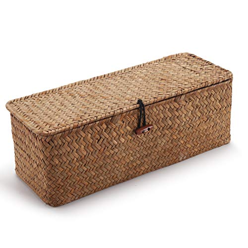 DOKOT Seagrass Woven Storage Basket with Lid, Rectangular Narrow Tampon Toilet Tank Organizer - color: 3 Section with Lid