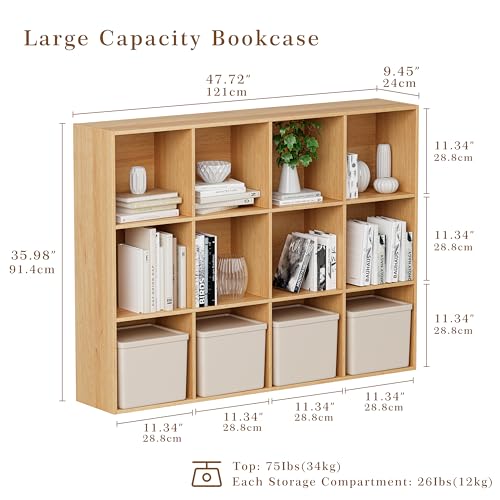 VDNEND Wooden Cube Storage Organizer with Closed Back Panel, 11in Cube Shelf Opening, Bookshelf, Display Shelf,Closet Cabinet for Home and Office (Natural Oak, 12-Cube 35.98L*9.45W*47.72H) - color: Natural Oak, size: 12-Cube 35.98L*9.45W*47.72H