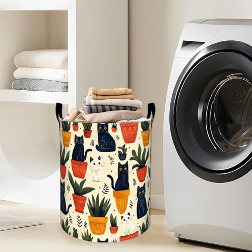 Cute Black Cat with Potted Plants Laundry Basket with Handles, 19.7"x15.7" Clothes Foldable Laundry Hamper Organizer for Dorm Nursery Bedroom Bathroom Decor, Toy Storage Bin for Kids - style: Black Cat19