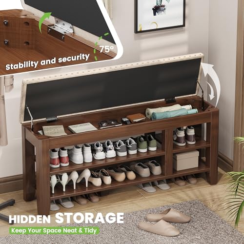 Shoe Bench for Entryway, Solid Rubberwood Shoe Bench with Hidden Storage, Adjustable 2-Tier Shelves & Soft PU Leather Seat, Shoe Rack Durable Easy Assembly for Hallway or Bedroom - Beige, 47.2" - color: Beige, size: 47.28"W x 11.82"D x 20.47"H