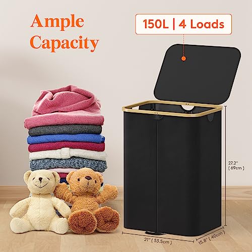 Lifewit 150L Double Laundry Hamper with Lid, Large Laundry Basket with Removable Bag & Bamboo Handles, Fodable Tall Dirty Clothes Hamper for Laundry Collapsible Bin for Bathroom Bedroom Dorm, Black - color: Black, size: 150L