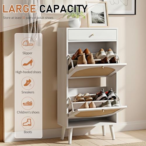 Karl home Shoe Rack Storage Organizer, Rattan-Panel 1-Drawer 2-Tilt-Out Shoe Storage Cabinet, Hidden Shoe Storage for Entryway,Ideal for Heels,Slippers,Casual Shoes, White - color: White, size: 1-Drawer 2-Tilt-Out