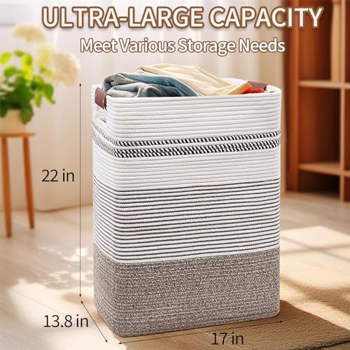 DOFASAYI Laundry Basket - 85L Large Cotton Rope Blanket Basket with Leather Handles, Decorative Storage Hamper, Clothes Hamper for Living Room, Bedroom, Rice Brown & White - color: Rice Brown & White, size: 85L