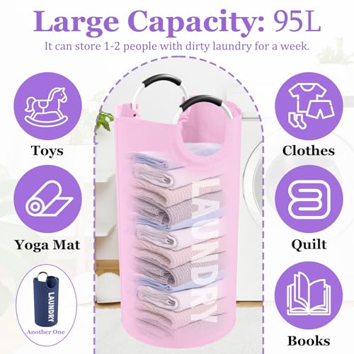 2Pcs Folding Laundry Basket for Adult, 95L Portable Laundry Baskets with Aluminum Handles, Multi-functional Dirty Clothes Hampers for Bedroom, Travel, Navy Blue + Pink - color: Navy Blue + Pink, size: L-95L