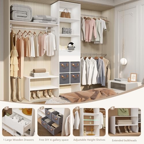 8ft Closet System with Drawers, 99 Inches Walk in Closet Organizer System with 3 Hanging Rods, Adjustable Built in Closets Systems, Sturdy Closets Insert, Easy Assembly, Max Load 1000 Lbs, White