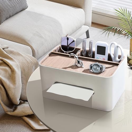 PU Leather Tissue Box Cover Rectangular with Storage Organizer, Multifunctional Remote Control Holder, Desk Organizer for Living Room, Bedroom, Office, Decorative Tissue Holder with Compartments Beige - color: Beige