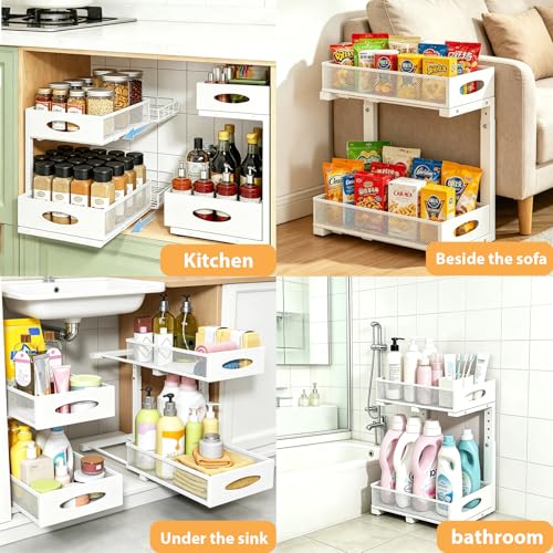 2 Pack Under Sink Organizer, 2-Tier Pull Out Kitchen Cabinet Organizer, Height Adjustable Metal Slide Out Bathroom Organizers and Storage Makeup Drawer Organizer for Office Bedroom(A-White, 2Pack) - color: A-White, size: 2-Pack