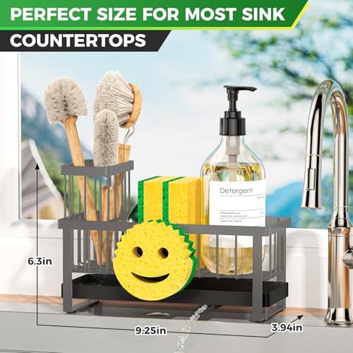 Sponge Holder for Kitchen Sink,Sink Caddy with Removable Dish Brush Holder,Self-Draining Kitchen Countertop Organizers and Storage Essentials,Soap Dispenser Organize and Home Decor-Gray - color: Gray-Tray