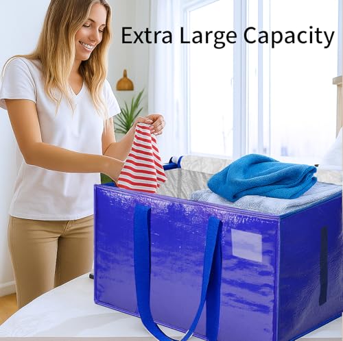 6 Pack-Extra Large Heavy Duty Moving Bags - Waterproof Storage Totes with Handles & Zippers, Foldable for College Dorm, Storage (Blue) - color: Blue, size: 6