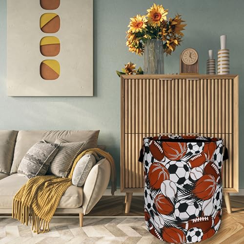 Funny Football Basketball Laundry Basket Foldable With Handles Tote Bag Oxford Cloth Colorful Laundry Hamper Clothes Storage Bucket Toy Organizer For Bathroom/Laundry/Bedroom 18.9" x 16.5 " - color: Hand Drawn Football and Basketball