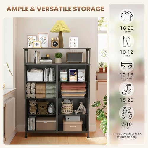 DUMOS Fabric Dresser for Bedroom with 8 Drawers, Tall 8-Drawer Chest of Drawers with Raised Shelf, Storage Tower with Fabric Bins for Closet Organization, Hallway Storage, Black Wood Grain Print - color: Black Wood Grain Print, size: 31.5"D x 45.9"W x 11.
