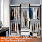 Wall-Mounted Steel & Wood Closet Organizer System with 4 Adjustable Shelves, 5 Hanging Rods, and 2 Drawers – Modern Open Wardrobe, White - color: BC03-white