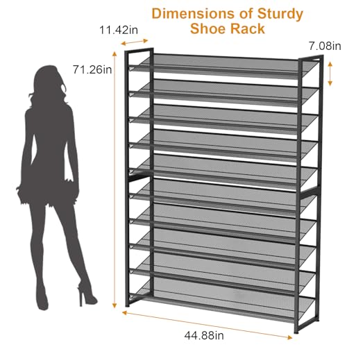 Large Shoe Rack 10 Tier Shoe Organizer, Heavy Duty Metal 5-Tier Stackable Shoe Storage Vertical Shoe Rack for Closet Front Door Entrance, Up to 62 Pairs, 44.8" W x 11.4" D x 71.2" H, Black - color: Black, size: 10 Tier