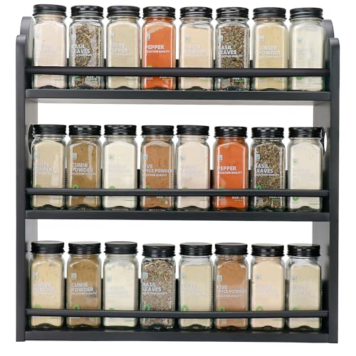 3 Tier Bamboo Spice Rack, Spice Rack Organizer, Seasoning Jars Rack Shelf Spice Organizer for Kitchen Counter or Wall Mounting, Spice Storage Holder with handles, Jars Not Included, Black - color: Black with Handles