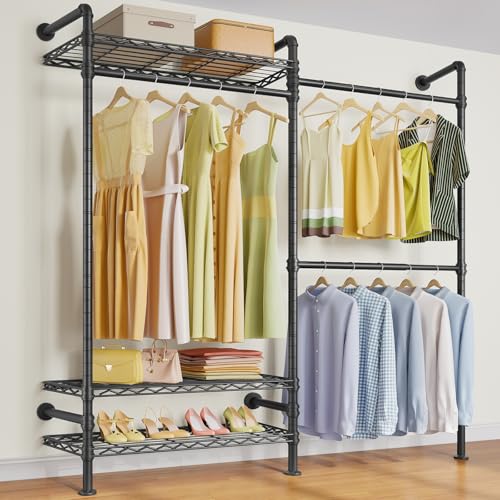 Timate F2 Industrial Pipe Clothes Rack Wall Mounted Clothing Rack for Hanging Clothes, Expandable Garment Racks Heavy Duty Wardrobe Closet Organizer and Storage, Black Adjustable Industrial Closet Kit - color: Black, style: Timate F2