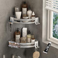 VOLPONE Shower Corner Shelf Caddy 2 Pack shower Organizer No Drill (adhesive mounting, no suction cup) Shower Storage Rust Proof Bathroom Corner Wall Shelf shampoo holder Silver - style: Without Suction Cup Triangle with Hooks 2 Tier Silver