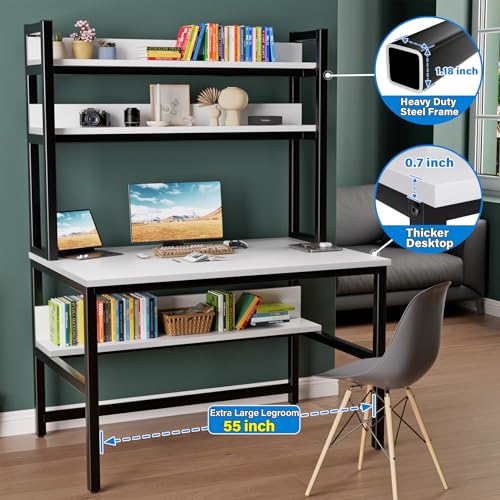 Aquzee Computer Desk, Easy Assembly Gaming Table with Hutch and Shelves, 4 Tiers Desk with Large Wood Desktop, Metal Legs, Ideal for Storage Study Work Writing Homework, White, 55Wx65Hx23.6D Inches - color: White, size: 55inch