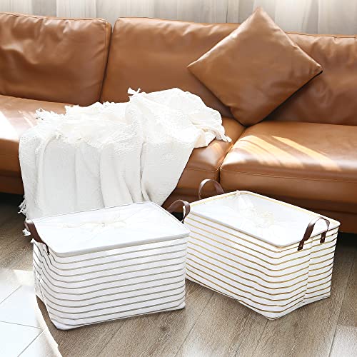 Hinwo 31L Large Storage Bins, 2-Pack Closet Organizers and Storage, Foldable Clothes Storage Baskets with Handles, Containers for Clothing, Blanket, Towels, Toys, Bedding (Gold Stripe) - color: Gold Stripe, size: 16.5" / 31L / 2-Pack