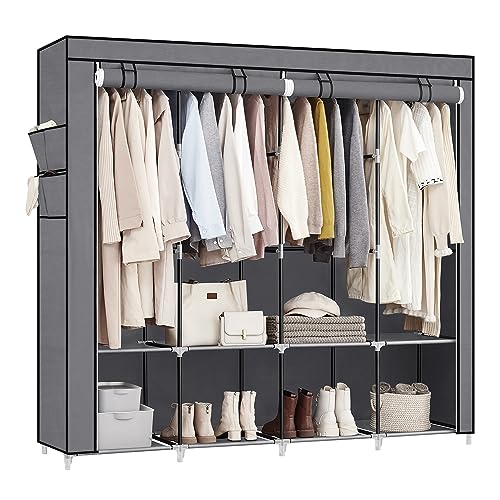 SONGMICS Portable Closet, Wardrobe Closet Organizer with Cover, 4 Hanging Rods and Shelves, 4 Side Pockets, 66.9 x 17.7 x 65.7 Inches, Large Capacity for Bedroom, Living Room, Gray URYG094G02 - color: Grey, size: 4 Tiers（66.9"L）