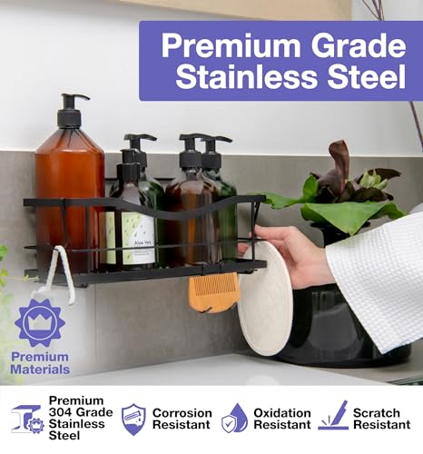 KINCMAX Premium Shower Caddy, Self Adhesive Shower Organizer w/ 4 Hooks, No Drill Shelves for Inside Shower, Rustproof Stainless Steel Shower Rack for Bathroom, Matte Black - color: Matte Black, size: 2-Pack Caddies