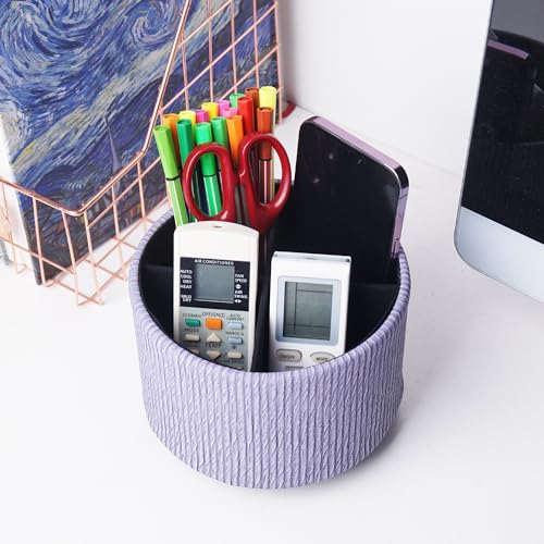 Round Leather Art Supply Organizer,Remote Control Holder,360 Degree Spinning,Multi-Functional Pencil Holder,4 Compartments Desktop Stationary Organizer(1-Wood Blue Purple) - color: 1-Wood Blue Purple