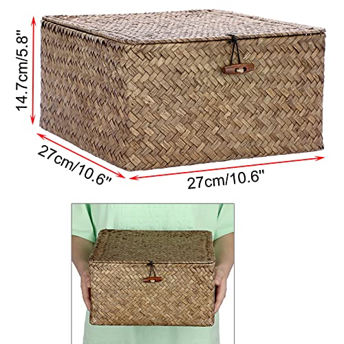 Hipiwe Wicker Shelf Baskets Bin with Lid Handwoven Seagrass Storage Basket Container Square Multipurpose Household Basket Boxes for Shelves and Home Organizer, Coffee Large - color: Coffee, size: Large