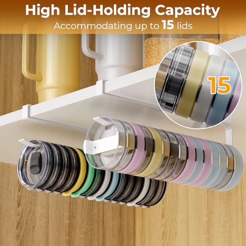 Quehun 2 PCS Tumbler Lid Organizers, Ample Lid Capacity Up to 30 Lids, No Adhesive No Drill Yeti Lid Organizer Holder Inside Cabinet, Space-Saving Stanley Tumbler Cup Lid Holder Organizer for Kitchen - color: White