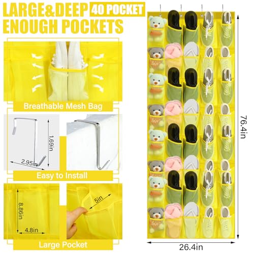 Windyun 40 Over the Door Shoe Organizer Large Mesh Pocket Hanging Shoe Rack for Closet Yellow Nonslip Behind Door Storage Holder Back to School Organizer for Dorm Room College Classroom Storage - color: Yellow