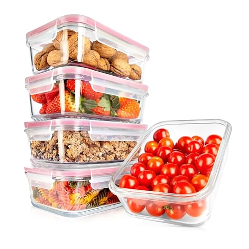 Nutrichef 10-Piece Glass Food Containers - Stackable Superior Glass Meal-prep Storage Containers, Newly Innovated Leakproof Locking Lids w/Air Hole, Freezer-to-Oven-Safe (Red) - color: Red
