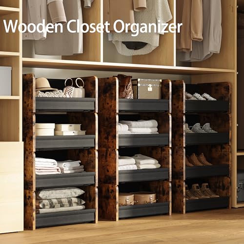 FOUCSSOMEI 2-Tier Stackable Closet Organizer and Storage Stackable Shelves – Heavy-Duty Darwers Wood & Metal, Easy Assembly, Space-Saving Vertical Storage for Bedroom, Closet, Patent Design - color: Rustic Brown, size: 2-Tier
