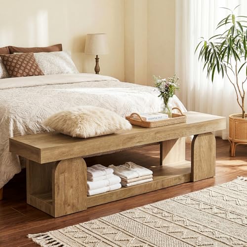 Tribesigns 63-Inch Long Entryway Bench, Farmhouse Entry Shoe Bench with Storage Shelf, Wooden Indoor End of Bed Bench Seat for Bedroom, Hallway, Foyer, Natural