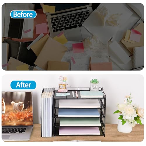 AUPSEN Desk Organizers and Accessories, 5-Tier Desktop Paper File Organizer with Removable File Holder, Desk Accessories & Workspace Organization for Home Office Supplies (Black) - color: Black