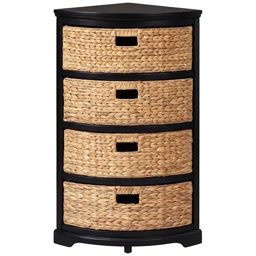 eHemco Hampton Meadows 4 Tier X-Side Corner Table Storage Cabinet with 4 Wicker Baskets, Black - color: Black, size: 14"D x 14"W x 32.2"H (4 Drawers)