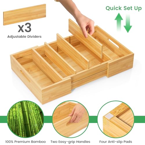 Kiasthome Expandable Bamboo Lid Organizers Inside Cabinet, Kitchen Cabinet Organizers with 3 Adjustable Dividers, Storage Plastic Lids, Food Container Lid Holder Organizer for Drawer Pantry, Nature - color: Nature