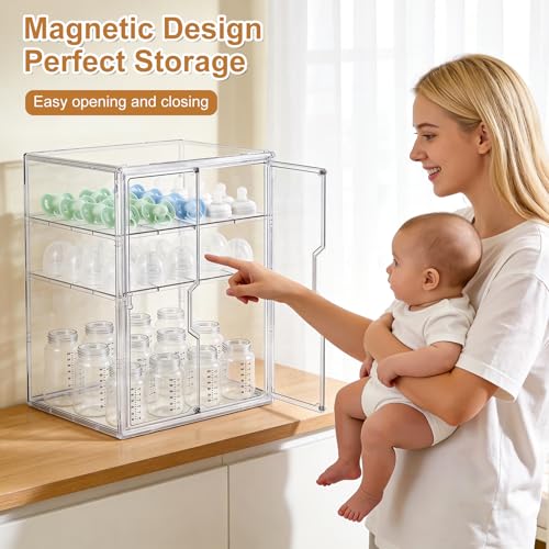 ERTIUANIO Baby Bottle Organizer – 3 Tier Acrylic Bottle Storage Organizer Container, Clear Plastic Bottle Station Organizers Drawers with Double Magnetic Doors for Countertop Kitchen Vanity, Bathroom - size: X-Large, style: 3-Tier Double-Door
