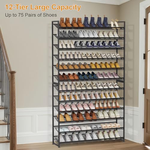 Large Shoe Rack 12 Tier Shoe Organizer, Heavy Duty Metal 6-Tier Stackable Shoe Storage Vertical Shoe Rack for Closet Front Door Entrance, Up to 75 Pairs, 44.8" W x 11.4" D x 85.1" H, Black - color: Black, size: 12 Tier