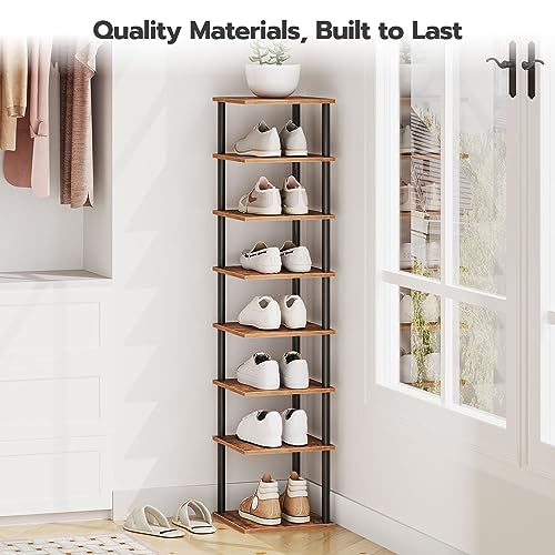 HOOBRO Vertical Shoe Rack, 8-Tier Narrow Shoe Shelf, Shoe Storage Organizer for Small Space, 11" L x 11" W x 53" H, Closet, Entryway, Hallway, Bedroom, Rustic Brown and Black BF22XJ01 - color: Rustic Brown + Black, size: 11"L x 11"W x 53"H