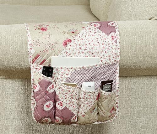 Brilliant Sunshine Pink Rosette and Stripes Patchwork Couch Armrest 5 Pockets Organizer, Slip Resistant Armchair Caddy, Washable Remote Controls Holder, Storage for Magazine, Tablet, Phone, iPad, Rose - color: Rose