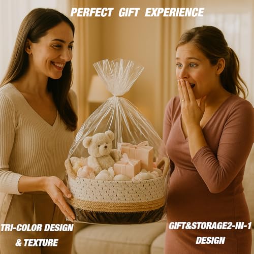 Yimi's Dream Cotton Rope Basket – Woven Gift Basket with Handles, Decorative Storage Basket for Baby Shower, Housewarming, Nursery, Toys, Laundry, Towels - color: brown&black with brown handle, size: Oval - 12"x8"x5"