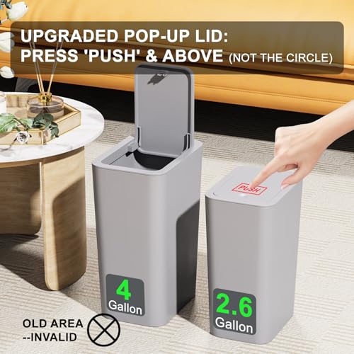 N. NETDOT 3 Pack (2 of 4 Gal & 1 of 2.6 Gal) Small Trash Can with Lid,Bathroom Garbage Can with Pop-Up Lid,Waste Basket for Bathroom,Kitchen,Bedroom,Powder Room,Craft Room,Office,College (Gray) - color: 4gal x2 & 2.6gal Grey