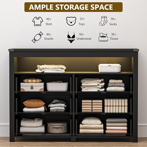 Dresser for Bedroom with 6 Drawers, Wide Chest of Drawers with LED Light and Power Outlet, Wooden Closet Organizer Clothes Storage Cabinet, Modern Double Dressers for Living Room, Hallway, Black - color: Black, size: 15.8"D x 47.2"W x 39.4"H (6 Drawers)